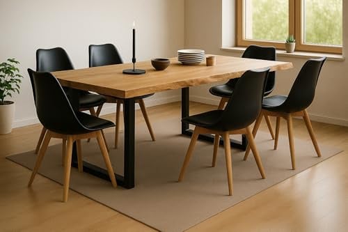 SAM 7tlg. Essgruppe Seattle| Esstisch mit 6 Stühlen | 200x100 cm mit echter Baumkante | Eiche/Wildeiche massiv | U-Gestell Schwarz | 6X Schalenstuhl Schwarz inkl. Sitzkissen