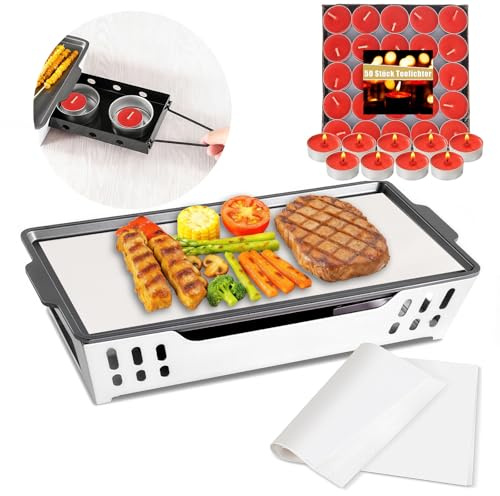 REDKNOT BBQ Board zum Warmhalteofen, Fleischwarmhalter mit Edelstahl Grill Plate für Grillen, Speisenwärmer mit 50 Kerzen, 50 Grillpapier, Warmhaltebehälter Grillgut, Warmhaltebox Grillparty