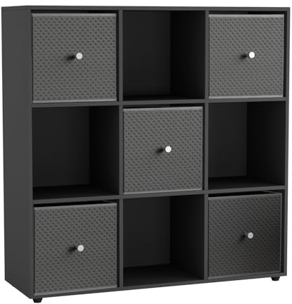 URBNLIVING 9 Cube Storage Unit with 5 Foldable Fabric Drawers, Wooden Freestanding Bookcase Shelf Organiser, Modern Cube Shelving for Bedroom, Office, Living Room, Toys, Clothes & Books