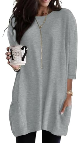 Damen Tunika Kurzarm / 3/4 Ärmel Longshirt mit Taschen Rundhals Tops S-3XL