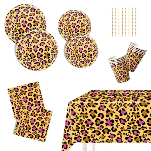 61Pcs Leopard Birthday Party Decorations Plates Cups Napkins Tablecloth Straws Cheetah Party Decorations Safari Theme Leopard Print Decor for Jungle Birthday Wedding Party Supplies