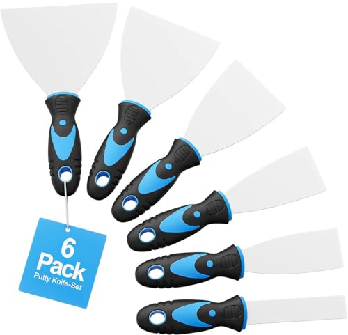 Cnnzdo 6 Pack Putty Knife Set – Stainless Steel Spackle & Paint Scrapers (1, 1.5, 2, 3, 4, 5) | Flexible Metal Scraper Tools for Drywall Repair, Wallpaper Removal, Plaster & Adhesive