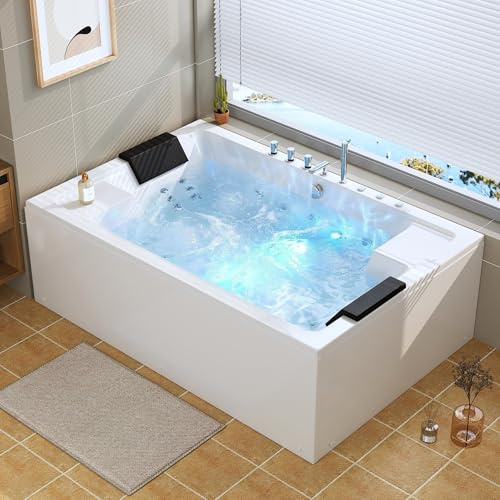 Whirlpool Bathtub - 71 x 47 2 Person Jetted Massage Tub with 30 Jets (18 Water Jets+12 Air Jets) Rectangular Alcove Soaking Bath - 100 Gallon- 3 Sided Chromatherapy Light, ETL Certified, White