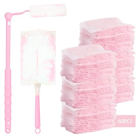 60 Stück Staubmagnet Nachfüllpack Kompatibel mit Swiffer Duster, Einweg Staubwedel mit Elektrostatischem Staubfänger, Geeignet für Tierhaare Staub und Schmutz, Für Haushalt und Büro(Rosa)