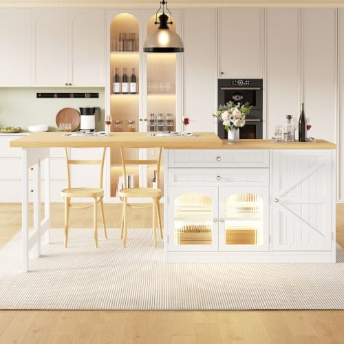 VIVCA Mesa de comedor extensible de 120 a 194 cm, mesa giratoria de 360°, puertas de cristal, cajones, estantes para aperitivos, color blanco y negro
