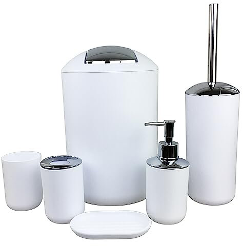 6tlg Badset Badezimmer Zubehör Set Organizer: Seifenspender, Zahnputzbecher, Kosmetikeimer, WC Bürste und Halter, Seifenschale, Mülleimer, Zahnbürstenhalter, Badgarnitur (Weiß Design 2)