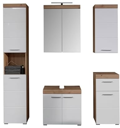 trendteam smart living - Amanda - Badezimmer Komplettset (WBU + Spiegelschrank LED + Standschrank + Hochschrank + Hängeschrank) - Weiß/Weiß Hochglanz Eiche - (BxHxT) 163 x 190 x 34 cm - Kratzfest