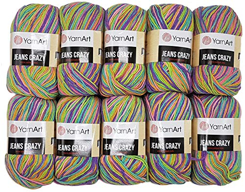 10 x 50g Strickwolle YarnArt Jeans Crazy mit 55% Baumwolle, 500 Gramm Wolle mit Farbverlauf mehrfarbig (grün türkis lila 8215)