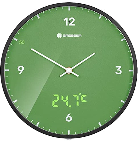 Bresser Funkuhr Wanduhr MyTime LEDsec mit 24 cm großem Ziffernblatt, LED-Sekundenanzeige, Innentemperatur und geräuschlosem Funkuhrwerk, Grün