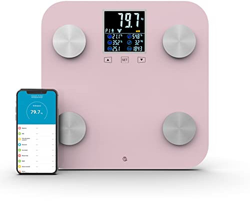 WottoCare - Professionelle Körperfettwaage | Körperanalysewaage mit App | 18 Messungen: Gewicht, Körperfett, Muskeln | BMI Digitalanzeige | Multi-User Fähig | Fortschrittskontrolle | Rosa