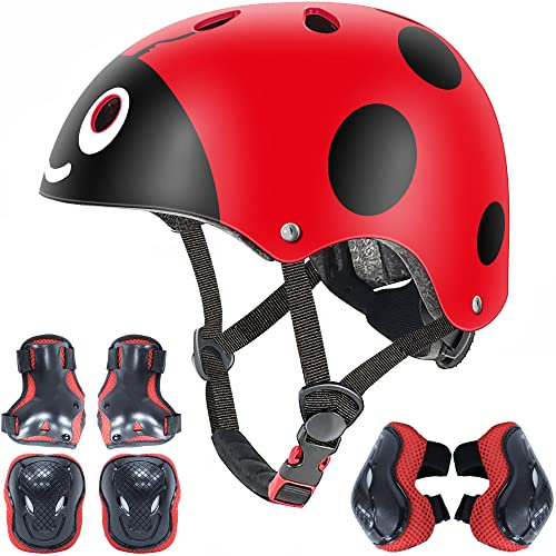 Casco Ajustable para niños y Equipo de protección, Rodilleras, Coderas, muñequeras (Red Ladybug, S(3-8 Years Old))