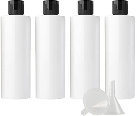 ZEOABSY 4 Pièces 200 ML Blanc Bouteille en Plastique avec Bouchon à Charnière Noir, Épaule Plate Vider Bouteille Ronde en PET de Voyage pour Cosmétiques Liquides
