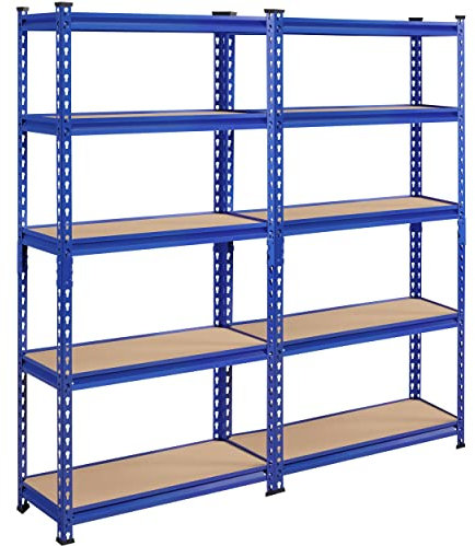 Yaheetech 2 x Étagère à 5 Niveaux Étagère Metallique Garage 153 × 75 × 30cm Capacité de Charge 175kg avec Planches MDF et Cadre Organisateur sans Vis pour Entrepôt Grenier Buanderie Magasin Bleu