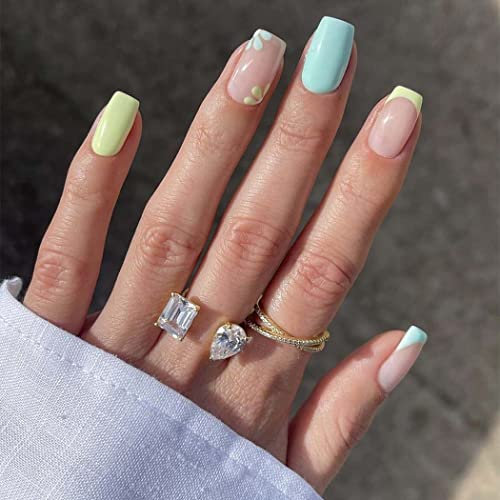 Sethexy Faux Ongles Français Carré Court Ongles a coller Bleu Jaune Capsules Ongles Brillant 24 pièces Acrylique Ongles pour les femmes et les filles