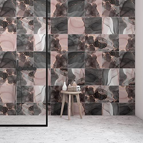 Alwayspon 12PcsX20cmX20cm Vinyl Floor Wall Tile Sticker Transfer, Non-slip Sticky Back Tile Decals for Kitchen Bathroom Self-adhesive Peel and Stick PVC Stick on Tile, Black and Pink Marble Effect