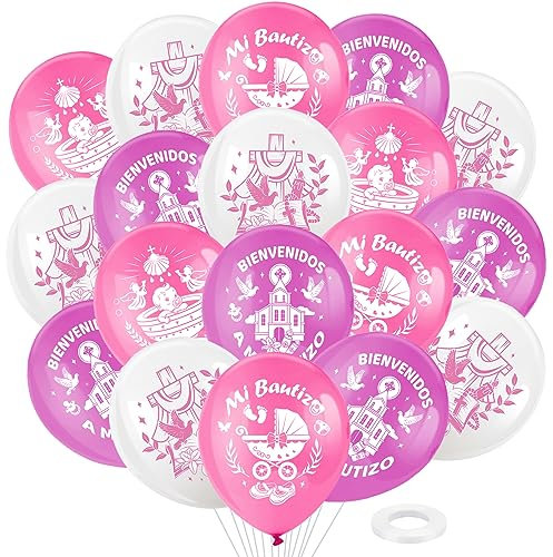 DPKOW 28 Piezas Globos de Bautizo para Bebé Niña Decoraciones de Mi Bautizo, Rosa Blanco Bautismo Globos de Fiesta Bautizo Globos de Látex para Bebé Nacimiento Comunión Baby Shower Decoraciones Adorno