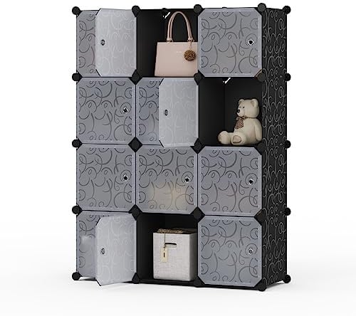 Mondeer 12 Cube Storage Units, 30x30cm Cube Closet with Door, DIY Portable Stackable Bookcase, for Clothes Shoes Toys Books, Bedroom Office Hallway Living Room, Black and White, 94x32x125cm