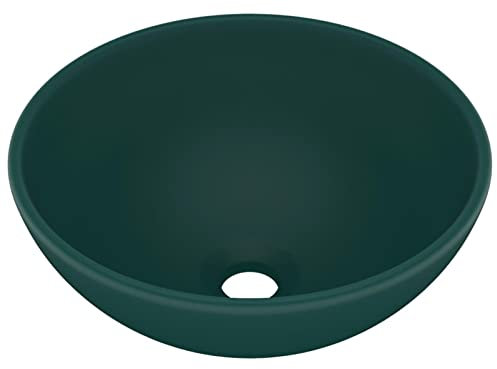 Tidyard Lavandino Lusso Lavello per Bagno,Cosmetici o Toilette,Lavabo da Appoggio in Ceramica,Lavandino da Appoggio,Lavabo in Ceramica,Lavello per Nave,Lavandino Rotondo Verde Scuro Opaco 32,5x14 cm