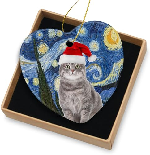 Ceramic Christmas Tree Ornaments - Gray Tabby Cat with Xmas Hat - Cat Lover Gifts