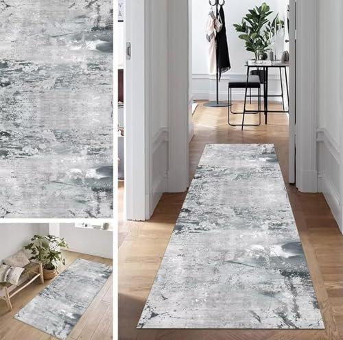 ZUZEKU Abstrakte Teppich Läufer Lang Flur Küche rutschfest Waschbar Teppichmattent 100X200cm Grau Vintage Küchenläufer Meterware Esszimmer Schlafzimmer Wohnzimmer Schmutzfangmatte