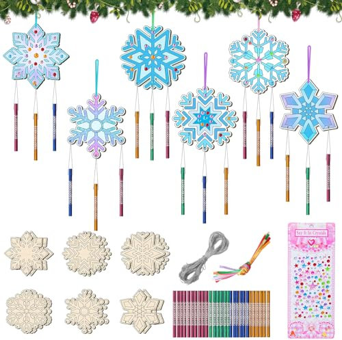 Nourdom 12 Stück Schneeflocke Windspiel Bastelset, DIY Weihnachtsdeko Holzbastelset Schneekristall Windspiel Bastelset Kinder, Bastelhandwerk zum Bemalen für Mädchen Jungen Weihnachten Winter