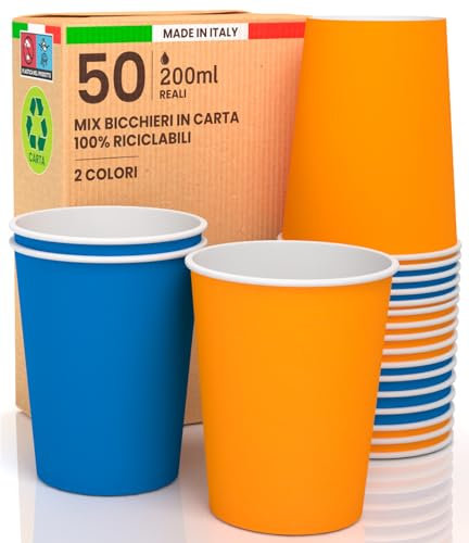 50 Bicchieri in Carta 200ml Mix Energy Ecologici Biodegradabili Monouso Made in Italy Asporto Bevande Calde Acqua - MIX di Colori Blu Arancione - Prodotto e Confezionato in Italia