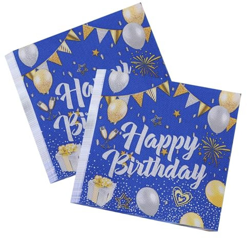 Wekuw Servietten Happy Birthday, 40 Stück Blau Gold, 33 x 33 cm