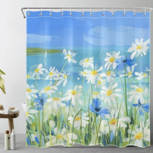 LB Blau und weiß geblümt Duschvorhang 180x200cm(BxH) Aquarell Gänseblümchen von Coastal Antischimmel Wasserdicht Badezimmer Vorhänge, Grüne Pflanze Extra Lange Polyester Stoff Bad Vorhang mit Haken