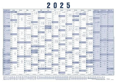 Zettler - Plakatkalender 2025, 100x70cm, Plakatkalender mit 16 Monaten auf 1 Seite, 5 Stk. gerollt, Arbeitstage- und Wochenzählung, Mondphasen, Feiertage, Ferientermine und deutsches Kalendarium