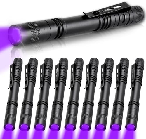 MVIOCS Mini torcia UV con luce nera, 395 nM, mini torcia con rilevatore di luce per ispezioni di casa e hotel, urina di cane, macchie di animali domestici e cimici (confezione da 10, luce nera)