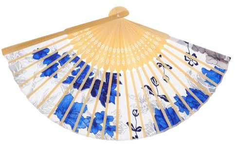 IMIKEYA Vintage Japanese Silk Fan Bamboo Hand Fan Blue White Porcelain Decor for Travel