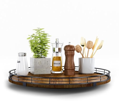 Farmhouse Oak 16 Lazy Susan Turntable Organizer for Cabinet, Round Wooden Lazy Susan Organization and Storage for Dining Table, Pantry, Kitchen, Countertop, Cupboard,Home Decor, Walnut Wood (16)