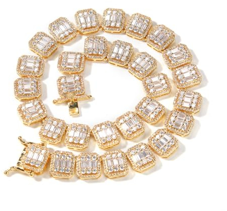 Iced Out Cubic Zirkonia Tennis Kette Halsketten, 18K Gold plated 13mm Square Sparkling Clustered Block Tennis Kette Armbänder Halskette Cuban Link Chain Hip Hop Schmuck Geschenke für Männer Frauen