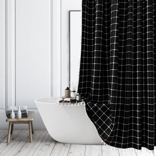 ggaimwf Tenda da Doccia Nera Boho Plaid della Fattoria Tenda da Doccia Country Bohemian Vintage per Tenda da Bagno Tenda da Doccia in Tessuto Resistente in Lino Set con Nappa 120x180cm