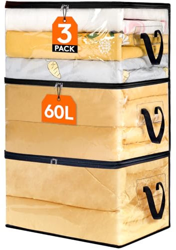 Lifewit 3er Pack Transparente Plastik Aufbewahrungstasche, 60L Kleiderschrank Organizer Aufbewahrungsbox mit Deckel Kleideraufbewahrung Umzugskartons mit Verstärkter Griff für Bettdecken, Kleidung