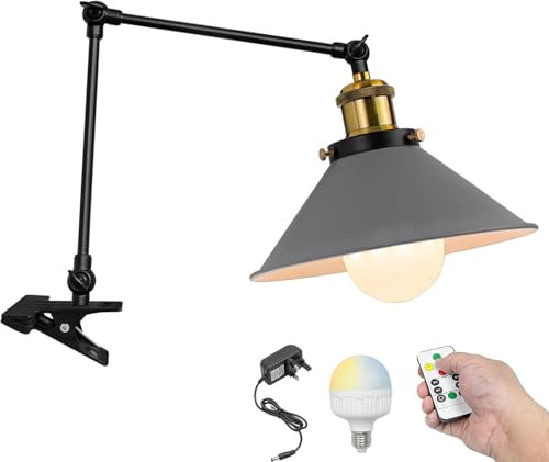 FSLiving Battery Operated Clip on Reading Light, Dimmable Swing Arm Desk Lamp with Remote Control, Industrial Clamp Lamp for Reading Bedside Bookshelf Office(TD0633-GY)