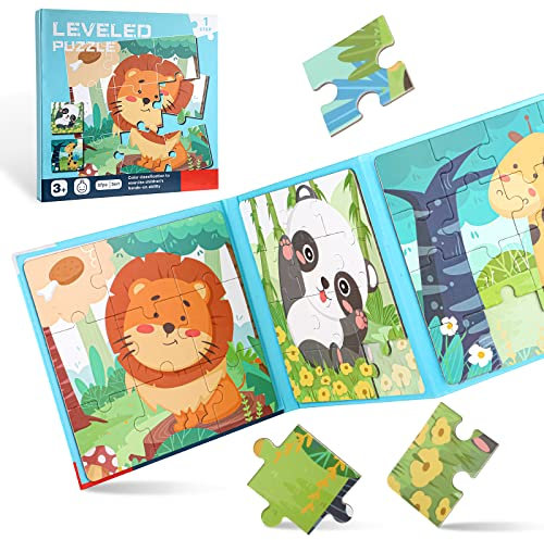 Magnetic Puzzle Book, 9-12-16 Pieces Puzzles for Toddlers 3 4 5 6 Year olds, Travel puzzles for Boy,Girls, Car Plane Activities Toy for Birthday Gifts,Animal Theme (Difficulty Level 1)