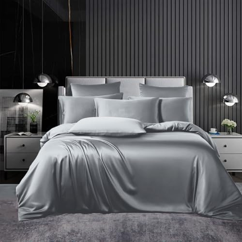 Bettwäsche Set Satin 135x200cm 2Teilig Hellgrau Glänzend Silky Touch Einfarbig Bettbezug Set Seide Glatt Luxus Bettwäsche Set Glanzsatin Polyester Einzelbett mit Reissverschluss und Kissenbezug 80x80