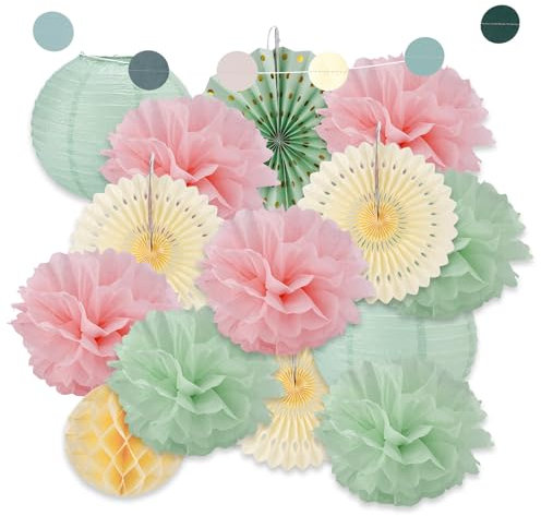 15pcs Paper Lanterns Party Decorations, Sage Green & Blush Pink Paper Lanterns Tissue Pom Poms Streamers Hanging Paper Flowers Lanterns Fans for Bridal Baby Shower Wedding Supplies Decor