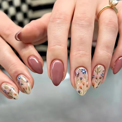 Cosmeria Press On Nails Lot de 24 faux ongles courts en acrylique avec motif floral bleu amande marron pour femme