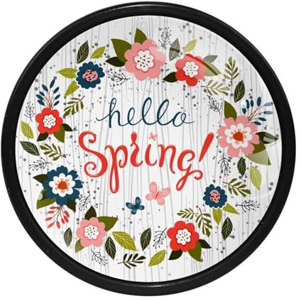 LVTISEE 4 Stück Küchenschrankknöpfe, Hello Spring Blumen, runde Schubladengriffe mit Schrauben, Schubladengriffe, Türbeschläge für Kommodenschränke