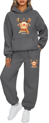 Mfhmom Funny Weihnachten Jogginganzug Damen Set, Weihnachts 2-Teiliges Hausanzug Kuschelig Langarm Rundhals Sweatshirt Und Jogginghose Warm Weihnachtsoutfit mit Taschen Rentier Pinguin Trainingsanzug