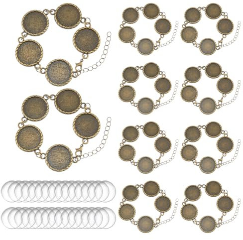 Hobbspring 10Pcs Runde leere Lünette Armbänder Armband Lünette Einstellungen mit 50Pcs Glas Cabochons Antique Bronze DIY leere Kuppel Armband für Braceltes Schmuck machen DIY Crafts