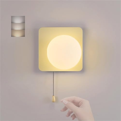 LED Wandleuchte Innen mit Zugkettenschalter Wandlampe G9 Kugelglas Leuchtenschirm Wandlicht Moderne Minimalistische Dreifarbig Einstellbar Wandbeleuchtung für Schlafzimmer Wohnzimmer (Weiß,Quadrat)