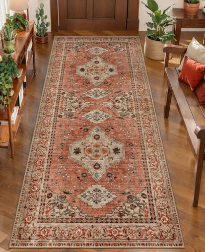 Boho-Läuferteppich, waschbar, für Flur, rutschfest, Vintage-Läufer, weicher Niederflor, Langflor-Teppich, Used-Look, Terrakotta, orientalischer Teppichläufer für Küche, Schlafzimmer, Eingangsbereich,