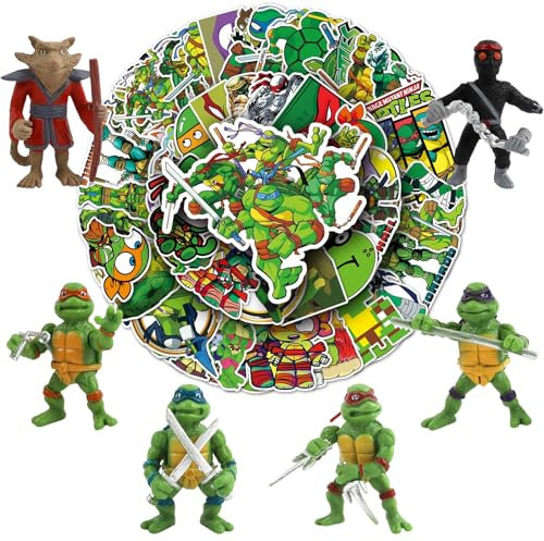 6 Pcs turtl Figuren Set, 50 Pcs Turtles Aufkleber, Spielzeugdeko