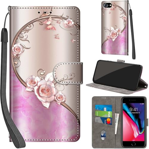 PHINIENLAND Handyhülle für iPhone 7/8 / iPhone SE 2020/2022 Hüllen Premium Leder Case Klappbar Wallet Magnet Kartenfach Standfunktion Schutzhülle kompatibel mit iPhone SE Cover,Rose