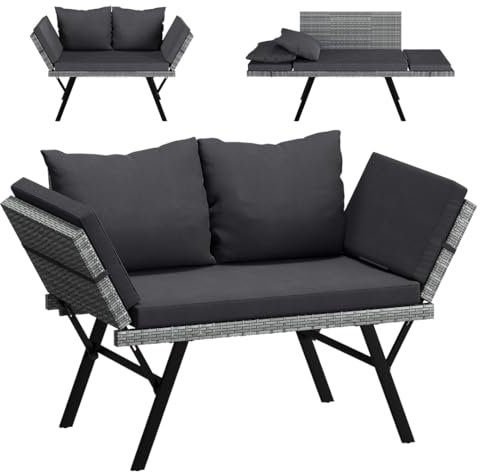 STEELSØN Gartenbank mit Auflagen Elytra, Sonnenliege Sitzbank Bank Gartenliege 4 verstellbare Positionen der Armlehne, Gartenmöbel Balkonbank 177 cm grau-meliert/anthrazit Poly Rattan