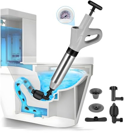 Gxpjycfob Toilet Unblocker Heavy Duty, High Pressure Toilet Plunger Kit with Inflatable Footbed & 4 Replaceable Heads for Unblocking Bathroom Toilet, Kitchen Sink, Bathtub Pipe Clog (Grey)