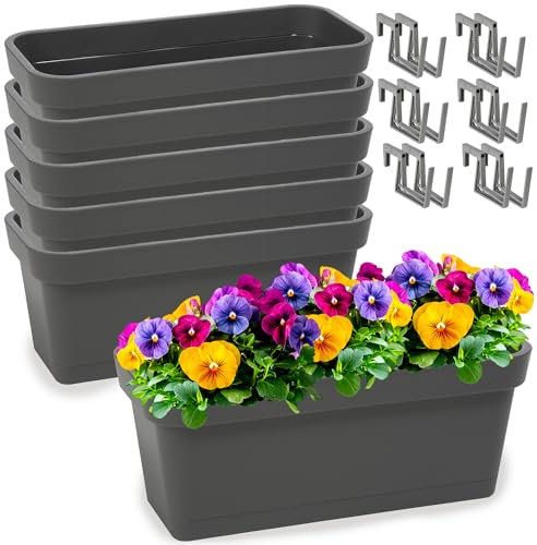PECZEKO Set di fioriere in plastica, fioriera per fiori ed erbe aromatiche, vaso da balcone resistente, confezione da 6 pezzi, colore antracite, diametro 40 cm